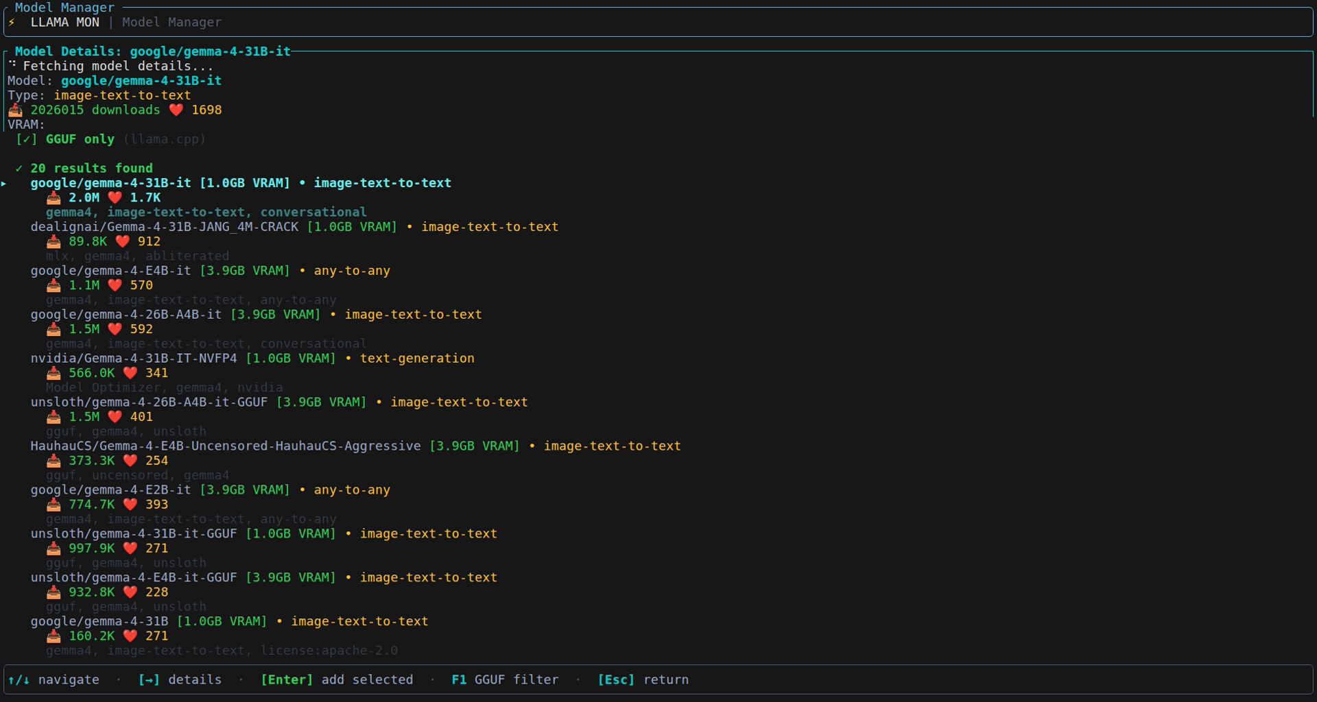 llamamon HuggingFace model search results