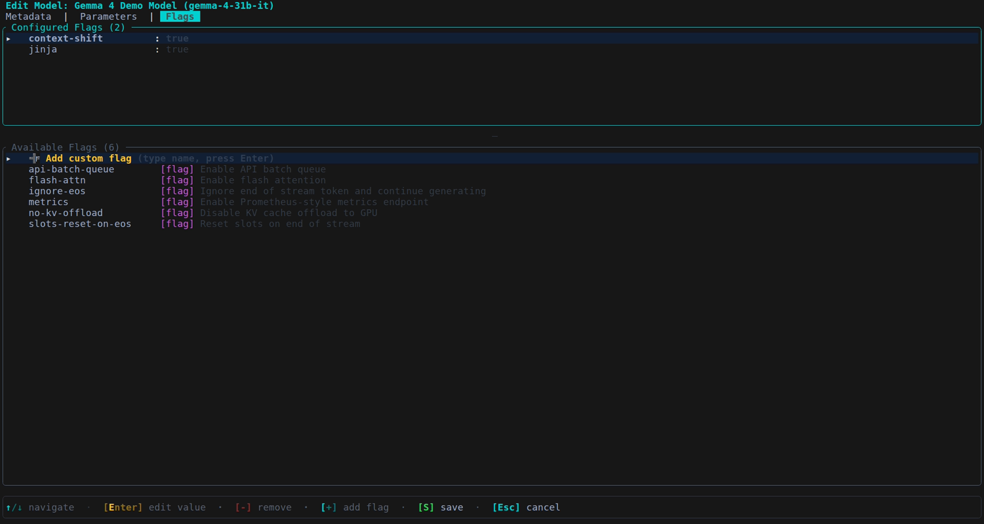 llamamon model manager — flags editing