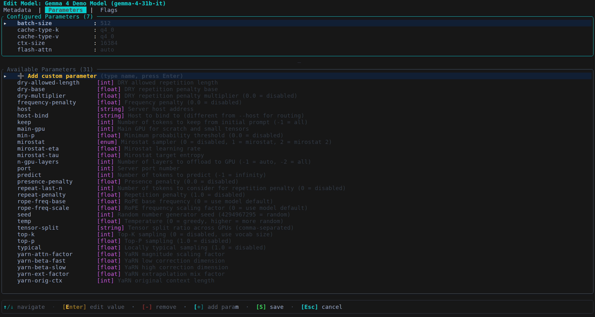 llamamon model manager — parameters editing