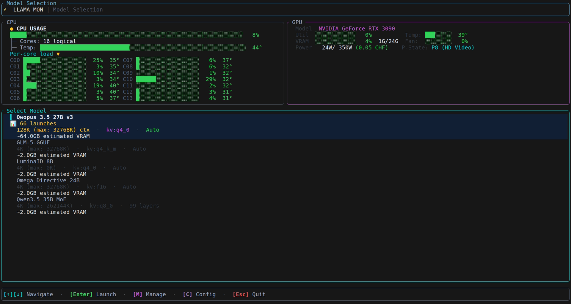 llamamon startup — model selection screen with VRAM estimates